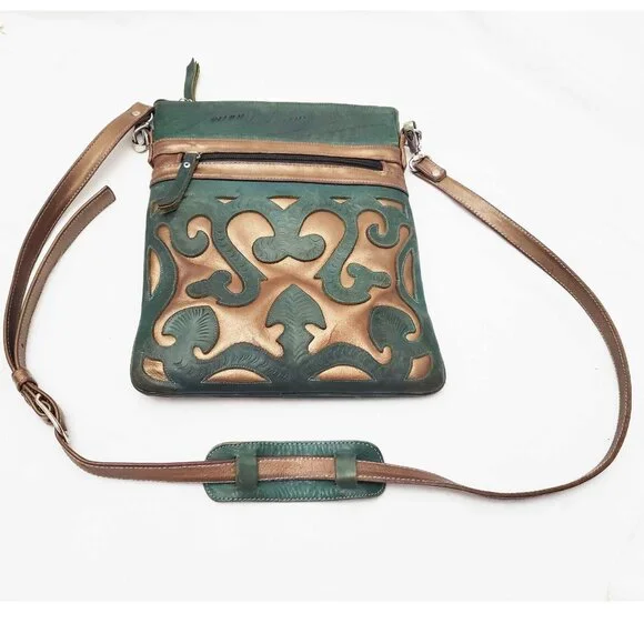 Leaders in Leather Skinny Crossbody Shoulder Bag Tote Cutout Tooled Leather - Picture 4 of 11